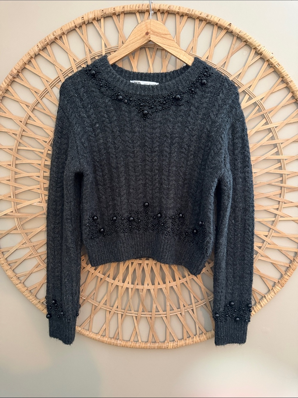 Zara Beaded Cable Knit Crew Sweater - Charcoal